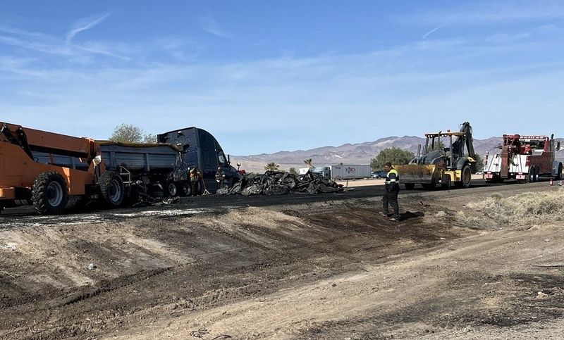A fiery crash involving three big rigs left one driver dead and severely damaged the roadway along the westbound 40 Freeway, west of Hector Road, in Newberry Springs on Friday, April 17, 2026.