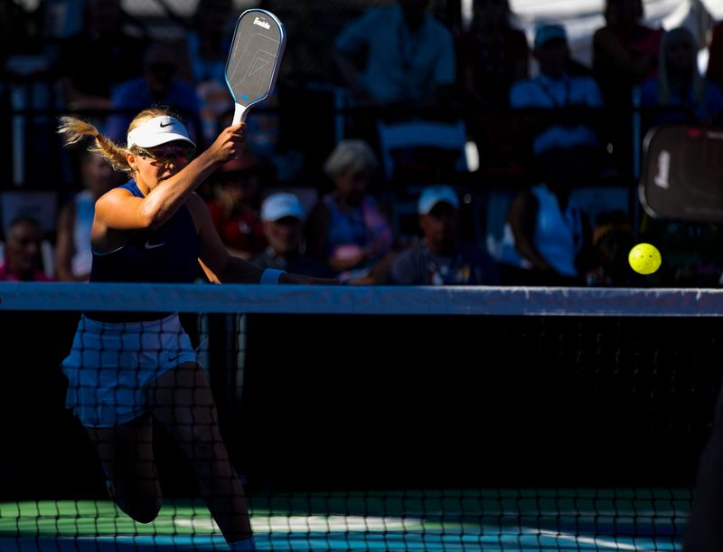 Anna Leigh Waters hits a volley during the mixed pro doubles gold medal match of the Franklin U.S. Open Pickleball Championships against Casey Diamond and Sofia Sewing at East Naples Community Park in Naples, Fla., on Saturday, April 18, 2026.