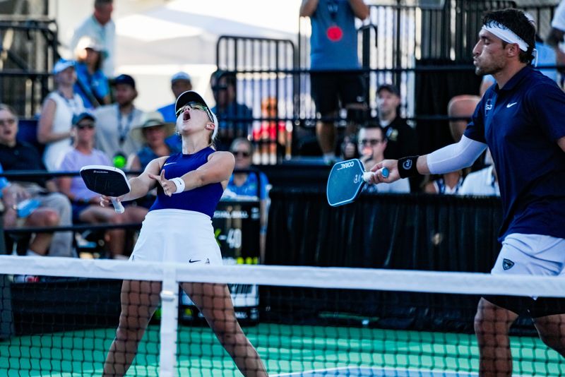 Anna Leigh Waters and Jay Devilliers compete against Casey Diamond and Sofia Sewing in the mixed pro doubles gold medal match of the Franklin U.S. Open Pickleball Championships at East Naples Community Park in Naples, Fla., on Saturday, April 18, 2026. Waters and Devilliers reverse swept for the gold.