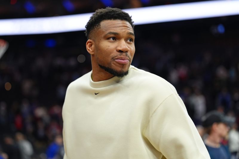 Apr 12, 2026; Philadelphia, Pennsylvania, USA; Milwaukee Bucks forward Giannis Antetokounmpo looks on after the game against the Philadelphia 76ers at Xfinity Mobile Arena. Mandatory Credit: Kyle Ross-Imagn Images