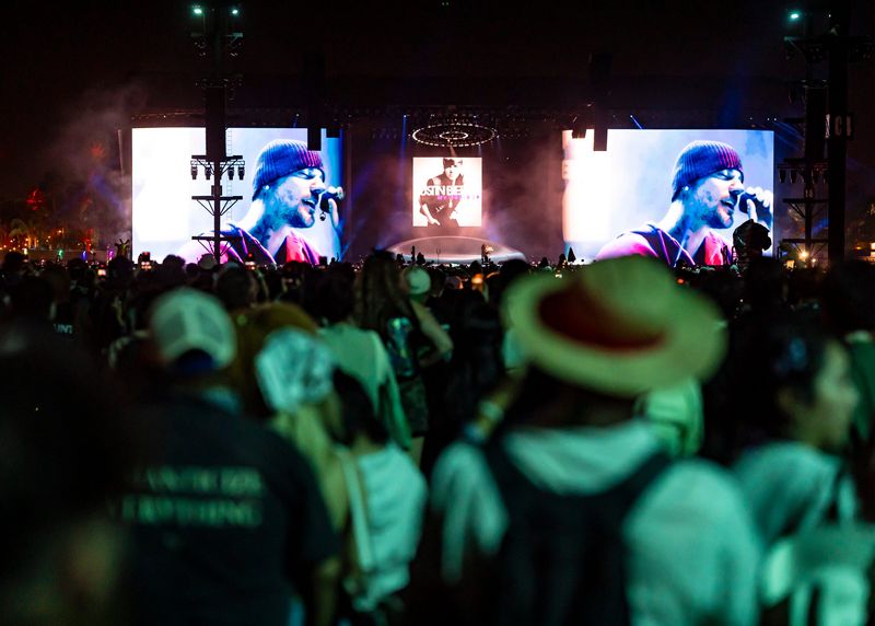 Justin Bieber performs his headlining set on the Coachella stage during Weekend 2 of the Coachella Valley Music and Arts Festival in Indio, Calif., Sunday, April 19, 2026.