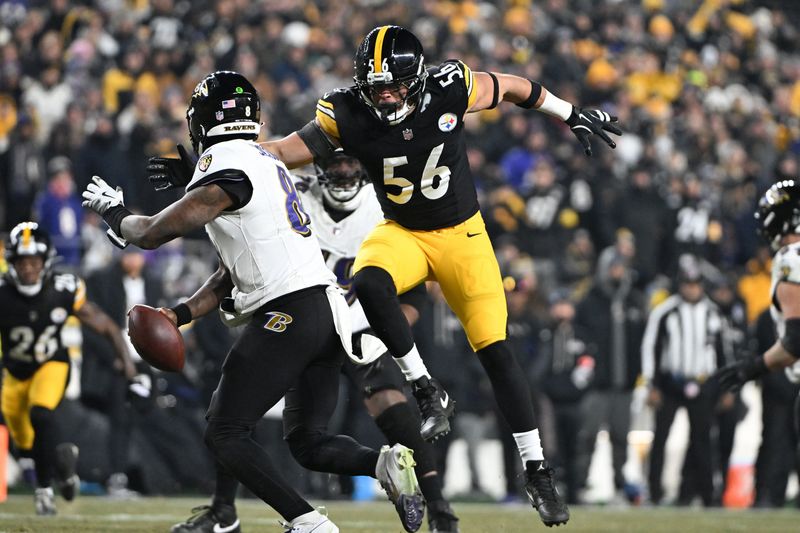 Jan 4, 2026; Pittsburgh, Pennsylvania, USA; Pittsburgh Steelers linebacker Alex Highsmith (56) applies pressure to Baltimore Ravens quarterback Lamar Jackson (8) during the first half at Acrisure Stadium. Mandatory Credit: Barry Reeger-Imagn Images