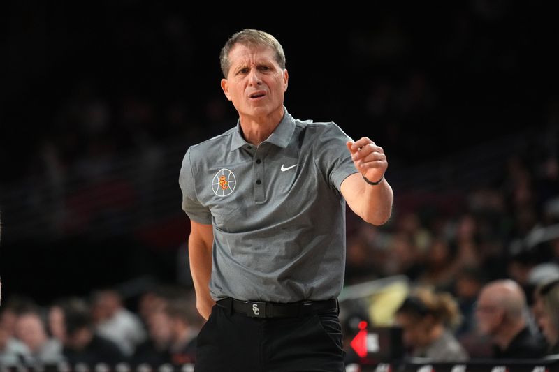 Feb 21, 2026; Los Angeles, California, USA; Southern California Trojans head coach Eric Musselman reacts against the Oregon Ducks in the second half at Galen Center. Mandatory Credit: Kirby Lee-Imagn Images