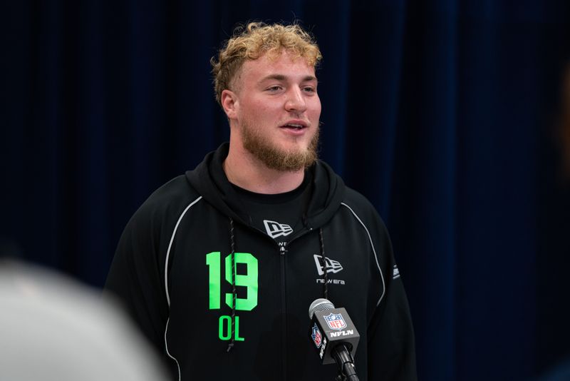 Feb 28, 2026; Indianapolis, IN, USA; UCLA offensive lineman Garrett Digiorgio (OL19) speaks to members of the media during the NFL Combine at the Indiana Convention Center. Mandatory Credit: Jacob Musselman-Imagn Images