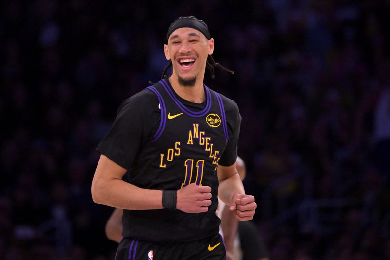 Mar 31, 2026; Los Angeles, California, USA; Los Angeles Lakers center Jaxson Hayes (11) reacts after a dunk in the second half against the Cleveland Cavaliers at Crypto.com Arena. Mandatory Credit: Jayne Kamin-Oncea-Imagn Images