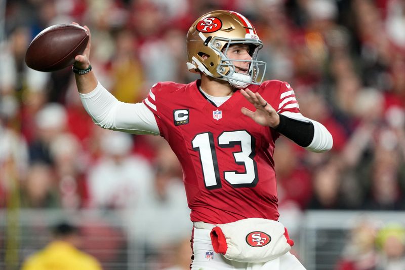 Dec 28, 2025; Santa Clara, California, USA; San Francisco 49ers quarterback Brock Purdy (13) passes against the Chicago Bears in the first half at Levi's Stadium. Mandatory Credit: Kyle Terada-Imagn Images