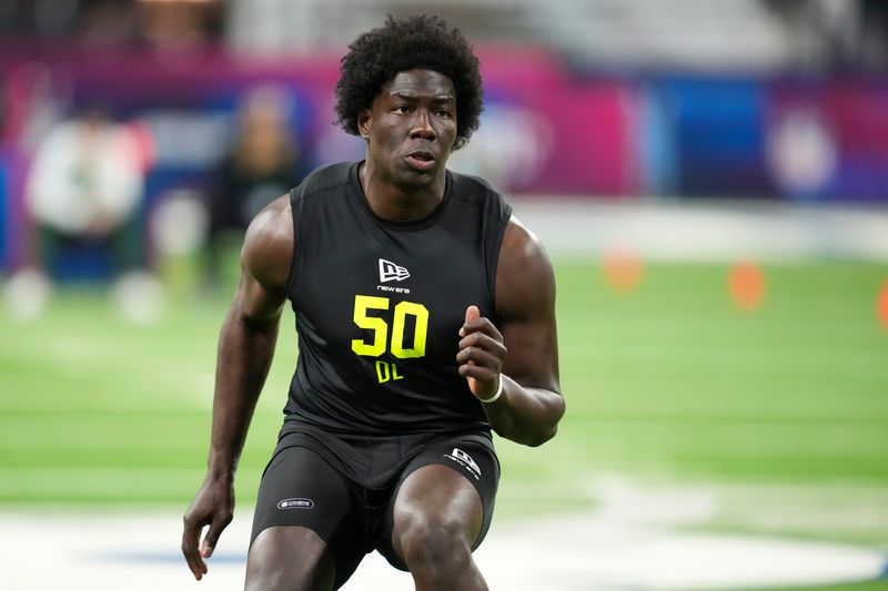 Feb 26, 2026; Indianapolis, IN, USA; Southern California defensive lineman Anthony Lucas (DL50) during the NFL Scouting Combine at Lucas Oil Stadium. Mandatory Credit: Kirby Lee-Imagn Images