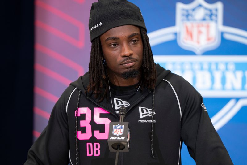 Feb 26, 2026; Indianapolis, IN, USA; Southern California defensive back Bishop Fitzgerald (DB35) speaks to members of the media during the NFL Combine at the Indiana Convention Center. Mandatory Credit: Jacob Musselman-Imagn Images