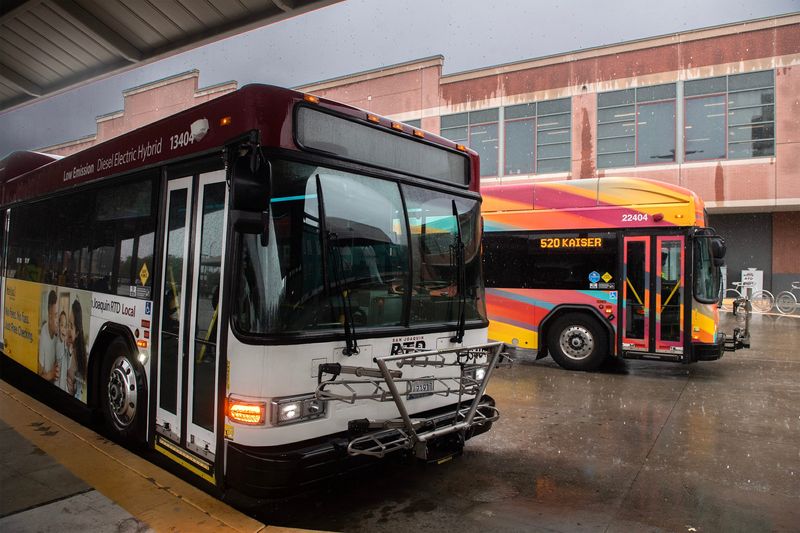 Buses arrive and depart from RTD’s Downtown Transit Center located at 421 E. Weber Avenue in downtown Stockton on Apr. 21, 2026.