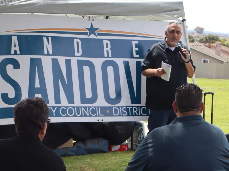 Andrew Sandoval launches his campaign for re-election to Salinas City Council for District 5 on April 18, 2026, at Laurelwood Park in Salinas, Calif.