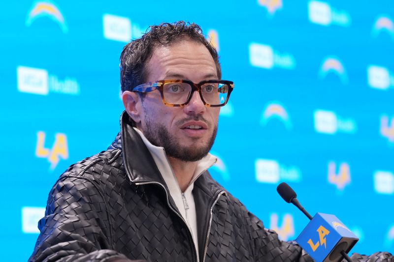 January 27, 2026; El Segundo, California, USA; Los Angeles Chargers offensive coordinator Mike McDaniel speaks at introductory press conference at The Bolt. Mandatory Credit: Kirby Lee-Imagn Images