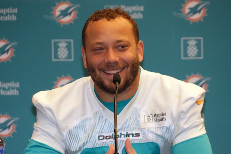 Nov 12, 2025; Madrid, Spain; Miami Dolphins fullback Alec Ingold at press conference at Estadio Riyadh Air Metropolitano. Mandatory Credit: Kirby Lee-Imagn Images