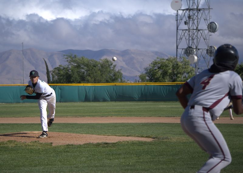Victor Valley's Victor Martinez delivers a pitch against Adelanto on Tuesday, April 21, 2026. Victor Valley beat Adelanto 2-1 in extra innings.