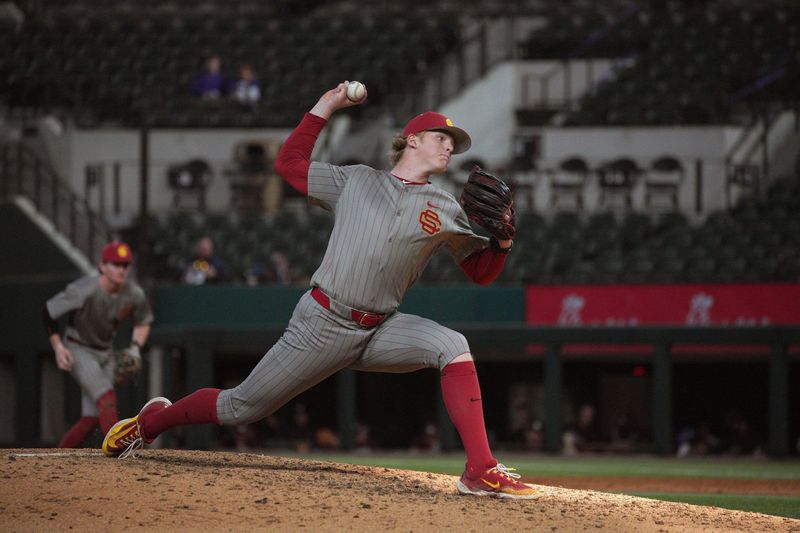 Mar 1, 2024; Arlington, TX, USA; Southern California University Trojans and Texas Christian University Horned Frogs compete during the Kubota College Baseball Series - Weekend 3 at Globe Life Field. Mandatory Credit: Dustin Safranek-USA TODAY Sports