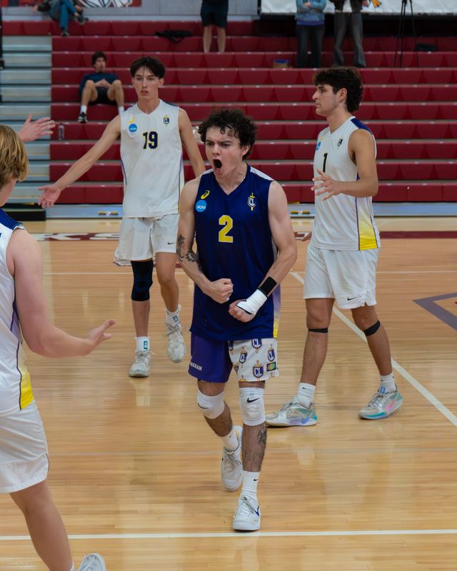 Cal Lutheran libero Braden Gonzales celebrates a point win during a 3-2 victory over MIT in the regional championship on April 18, 2026, in Hoboken, New Jersey, to advance to the Final Four of the 2026 NCAA Division III men's volleyball tournament.