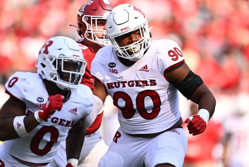 Sep 17, 2022; Philadelphia, Pennsylvania, USA; Rutgers Scarlet Knights defensive lineman Rene Konga (90) looks on against the Temple Owls in the second half at Lincoln Financial Field. Mandatory Credit: Kyle Ross-USA TODAY Sports