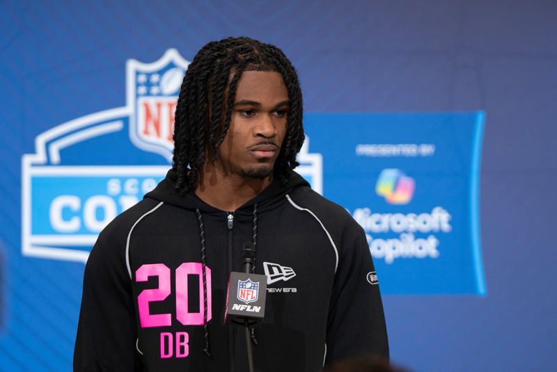 Feb 26, 2026; Indianapolis, IN, USA; Tennessee defensive back Jermod McCoy (DB20) speaks to media members during the NFL Combine at the Indiana Convention Center. Mandatory Credit: Jacob Musselman-Imagn Images
