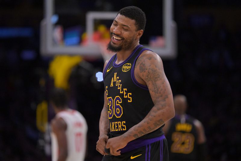 Apr 21, 2026; Los Angeles, California, USA; Los Angeles Lakers guard Marcus Smart (36) smiles on the court during the second half of game two of the first round of the 2026 NBA Playoffs against the Houston Rockets at Crypto.com Arena. Mandatory Credit: Jayne Kamin-Oncea-Imagn Images