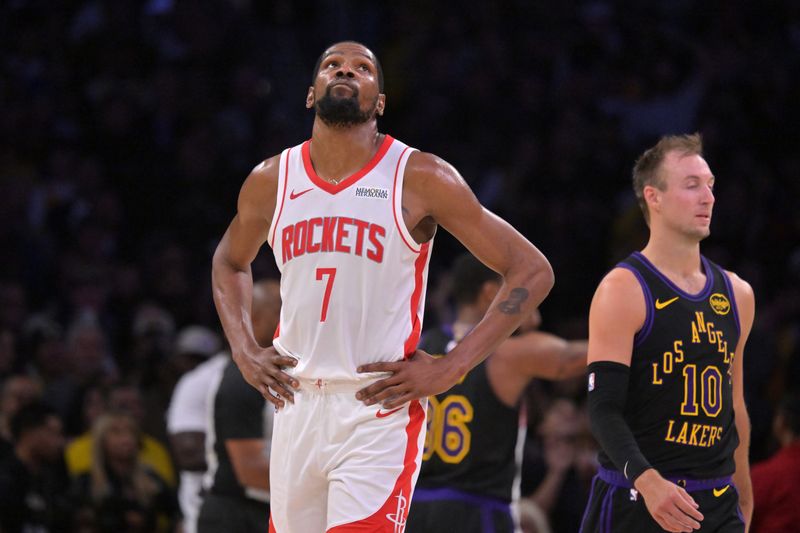 Apr 21, 2026; Los Angeles, California, USA; Houston Rockets forward Kevin Durant (7) looks on from the court in the second half of game two of the first round of the 2026 NBA Playoffs against the Los Angeles Lakers at Crypto.com Arena. Mandatory Credit: Jayne Kamin-Oncea-Imagn Images