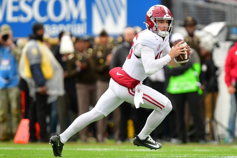 Jan 1, 2026; Pasadena, CA, USA; Alabama Crimson Tide quarterback Ty Simpson (15) looks to pass against the Indiana Hoosiers in the first half of the 2026 Rose Bowl and quarterfinal game of the College Football Playoff at Rose Bowl Stadium. Mandatory Credit: Gary A. Vasquez-Imagn Images