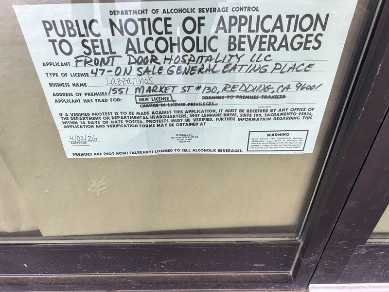 California Department of Alcoholic Beverage Control license at Redding Public Market for a new restaurant called Lazzarino's.