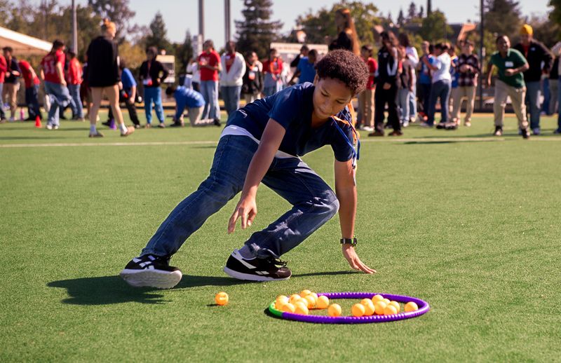 Team Charter School student Luis Montalvo was one of the nearly 1,000 5th graders to participate in a “Rob the Nest” game on Pacific’s field hockey field during the annual Benerd College Math Steeplechase in Stockton on Apr. 23, 2026.