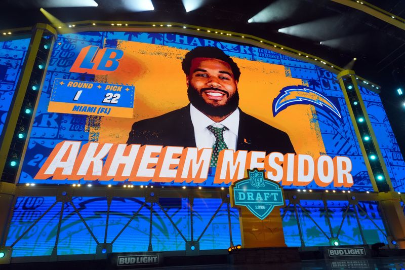 Apr 23, 2026; Pittsburgh, PA, USA; Miami Hurricanes defensive lineman Akheem Mesidor is selected by the Los Angeles Chargers as the number 22 pick during the 2026 NFL Draft at Acrisure Stadium. Mandatory Credit: Kirby Lee-Imagn Images