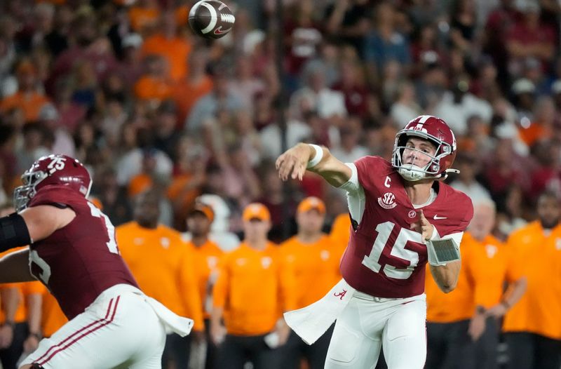 Oct 18, 2025; Tuscaloosa, Alabama, USA; Alabama quarterback Ty Simpson (15) throws a pass against the Tennessee Volunteers in the second quarter at Saban Field at Bryant-Denny Stadium. Mandatory Credit: Gary Cosby-USA TODAY Network via Imagn Images