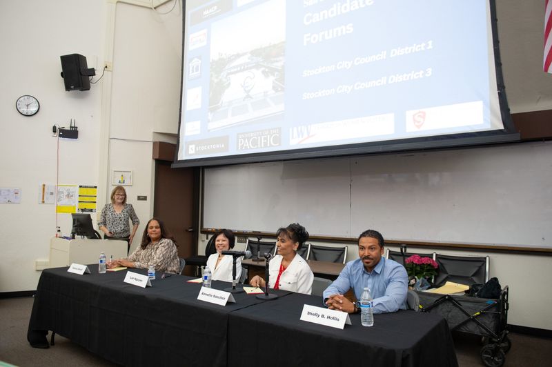 (l-r) Candidates Tamica Small, Lan Nguyen, Annette Sanchez and Shelly B. Hollis during the Stockton City Council District 1 San Joaquin Civic Alliance Candidate Forum at San Joaquin Delta College in Stockton Thursday, April 23, 2026. (Bea Ahbeck/Special to the Record)