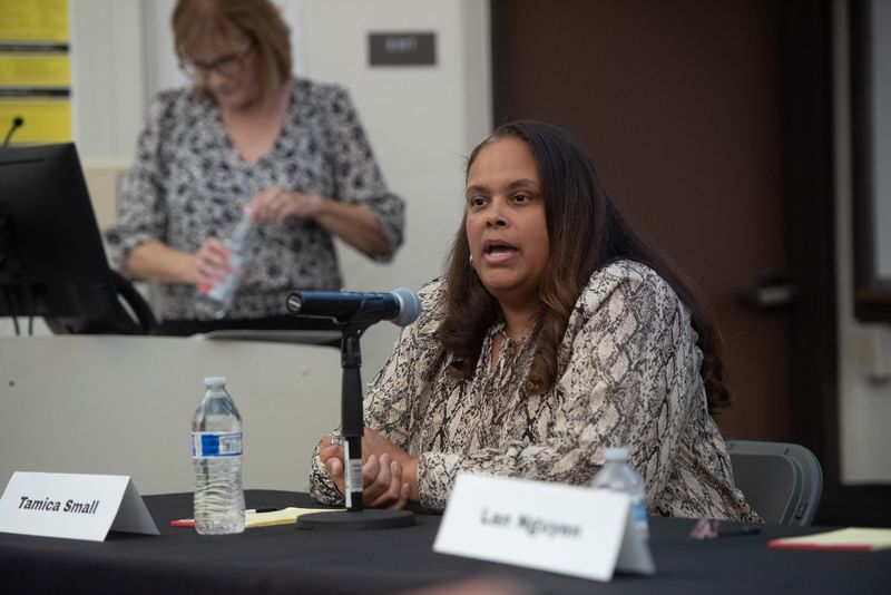 Candidate Tamica Small speaks during the Stockton City Council District 1 San Joaquin Civic Alliance Candidate Forum at San Joaquin Delta College in Stockton Thursday, April 23, 2026. (Bea Ahbeck/Special to the Record)