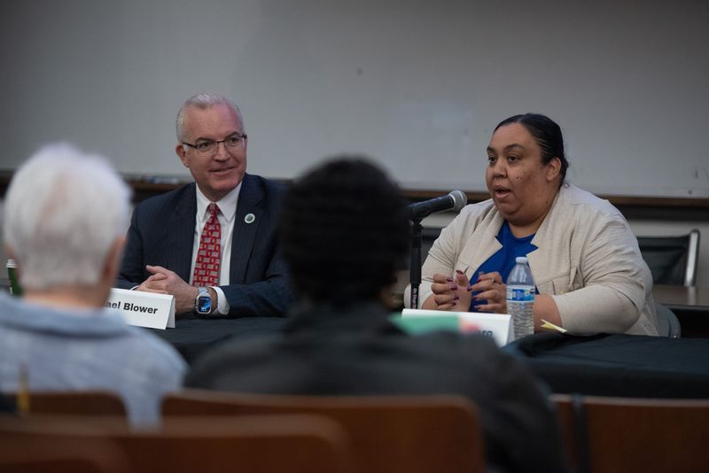 Incumbent Michael Blower and candidate Stefanie Alfaro during the Stockton City Council District 3 San Joaquin Civic Alliance Candidate Forum at San Joaquin Delta College in Stockton Thursday, April 23, 2026.