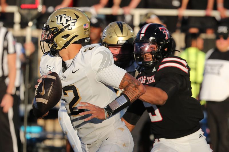 Nov 15, 2025; Lubbock, Texas, USA; Texas Tech Red Raiders defensive line man Romello Height (9) pressures Central Florida Knights quarterback Tayven Jackson (2) in the second half at Jones AT&T Stadium. Mandatory Credit: Michael C. Johnson-Imagn Images