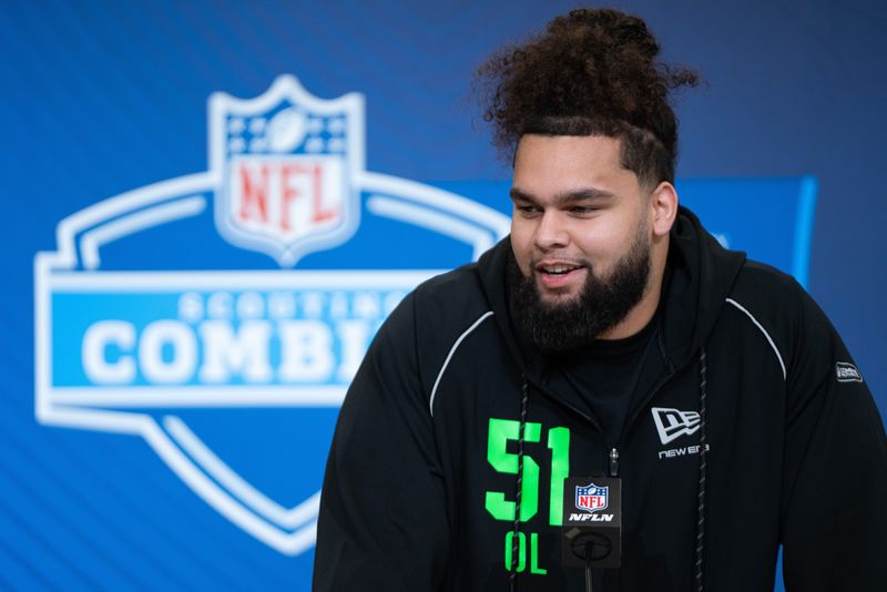 Feb 28, 2026; Indianapolis, IN, USA; Missouri offensive lineman Keagen Trost (OL51) speaks to members of the media during the NFL Combine at the Indiana Convention Center. Mandatory Credit: Jacob Musselman-Imagn Images