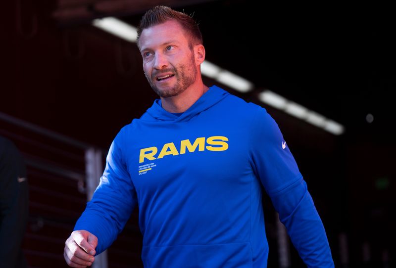 Nov 9, 2025; Santa Clara, California, USA; Los Angeles Rams head coach Sean McVay walks onto the field prior to the game against the San Francisco 49ers at Levi's Stadium. Mandatory Credit: Cary Edmondson-Imagn Images