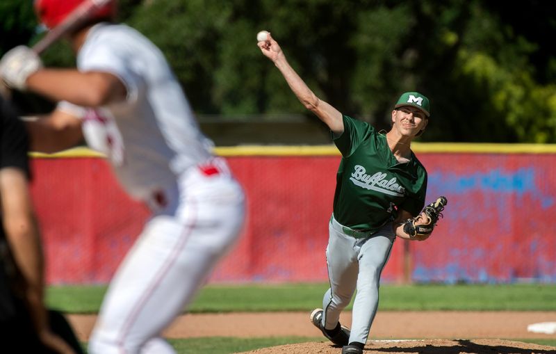 Manteca’s Jeremy Cross delivers a pitch during a varsity baseball game at East Union High School in Manteca on Apr. 23, 2026.