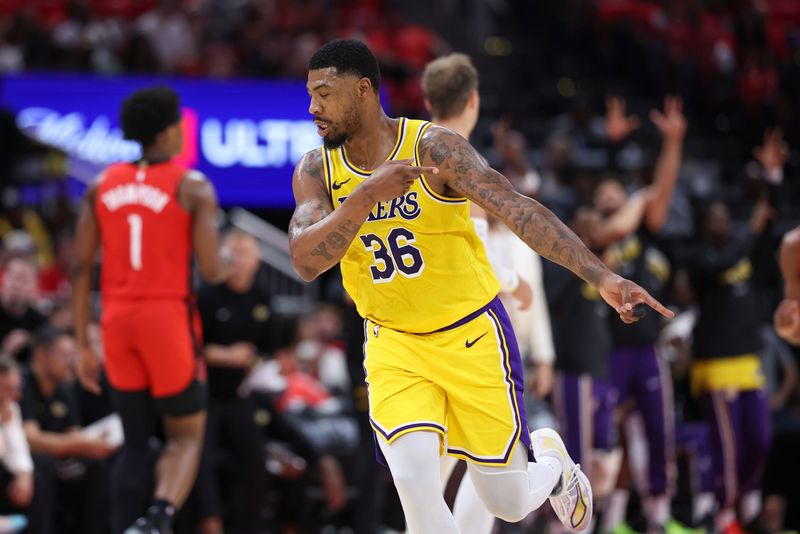 Apr 24, 2026; Houston, Texas, USA; Los Angeles Lakers guard Marcus Smart (36) reacts after making a basket during the first quarter against the Houston Rockets during game three of the first round of the 2026 NBA Playoffs at Toyota Center. Mandatory Credit: Troy Taormina-Imagn Images