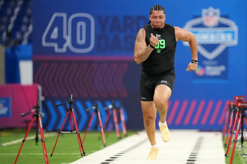 Mar 1, 2026; Indianapolis, IN, USA; Memphis offensive lineman Travis Burke (OL09) during the NFL Scouting Combine at Lucas Oil Stadium. Mandatory Credit: Kirby Lee-Imagn Images