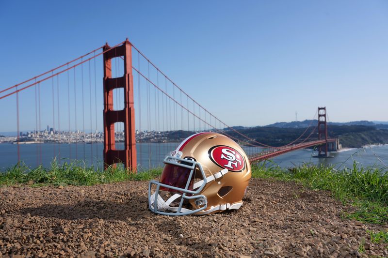 Jan 29, 2026; San Francisco, California, USA; A San Francisco 49ers helmet at the Golden Gate bridge. Mandatory Credit: Kirby Lee-Imagn Images