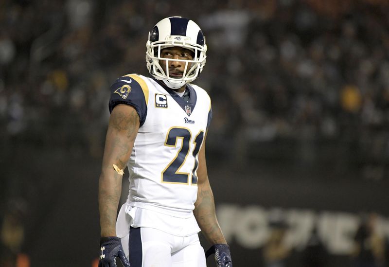 Sep 10, 2018; Oakland, CA, USA; Los Angeles Rams defensive back Aqib Talib (21) reacts against the Oakland Raiders at the Oakland-Alameda County Coliseum. The Rams defeated the Raiders 33-13. Mandatory Credit: Kirby Lee-USA TODAY Sports