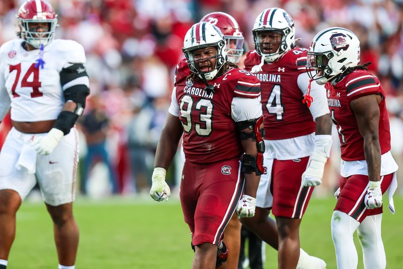 Oct 25, 2025; Columbia, South Carolina, USA; South Carolina Gamecocks defensive lineman Nick Barrett (93) reacts to a stop against the Alabama Crimson Tide in the second half at Williams-Brice Stadium. Mandatory Credit: Jeff Blake-Imagn Images