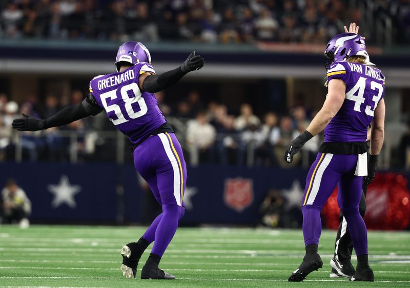 Dec 14, 2025; Arlington, Texas, USA; Minnesota Vikings linebacker Jonathan Greenard (58) and Minnesota Vikings linebacker Andrew van Ginkel (43) celebrate after a play during the first half against the Dallas Cowboys at AT&T Stadium. Mandatory Credit: Kevin Jairaj-Imagn Images
