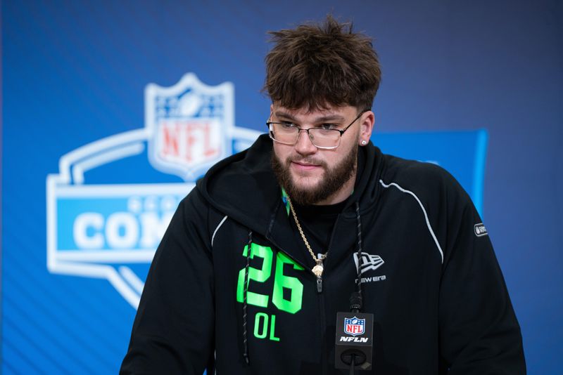 Feb 28, 2026; Indianapolis, IN, USA; Oregon offensive lineman Alex Harkey (OL26) speaks to members of the media during the NFL Combine at the Indiana Convention Center. Mandatory Credit: Jacob Musselman-Imagn Images