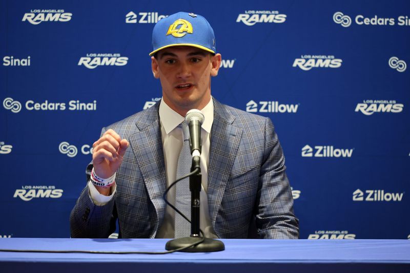 Apr 24, 2026; Inglewood, CA, USA; Los Angeles Rams first-round draft pick Ty Simpson speaks to media during a press conference at Code Next at Hollywood Park. Mandatory Credit: Kiyoshi Mio-Imagn Images