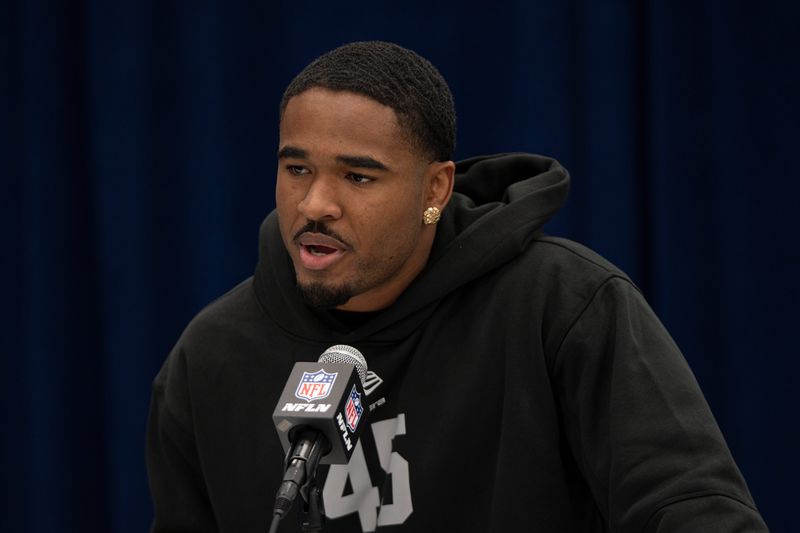 Feb 26, 2026; Indianapolis, IN, USA; Southern California defensive back Kamari Ramsey (DB45) speaks to members of the media during the NFL Combine at the Indiana Convention Center. Mandatory Credit: Jacob Musselman-Imagn Images