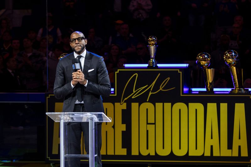 Feb 23, 2025; San Francisco, California, USA; Former Golden State Warriors player Andre Iguodala talks during the Andre Iguodala jersey retirement ceremony at Chase Center. Mandatory Credit: John Hefti-Imagn Images