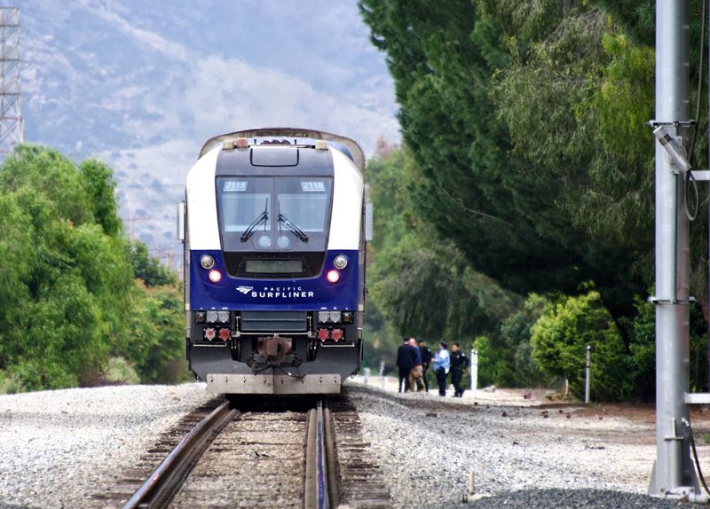 An Amtrack train sits on the tracks in Simi Valley near Sequoia and Los Angeles avenues after striking a teen on his e-bicycle April 25, 2026.