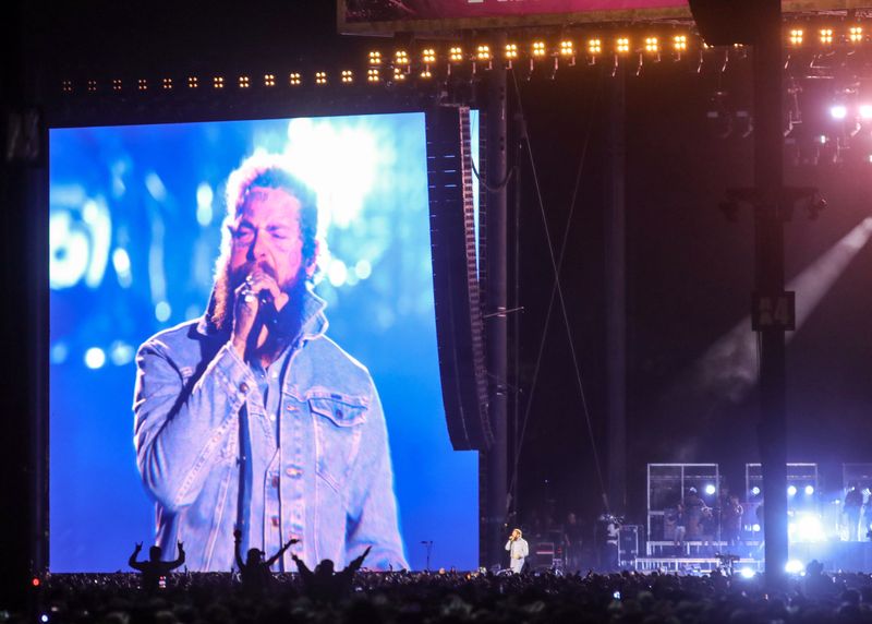 Post Malone performs on the Mane Stage during the Stagecoach Festival on Sunday, April 26, 2026 in Indio, California