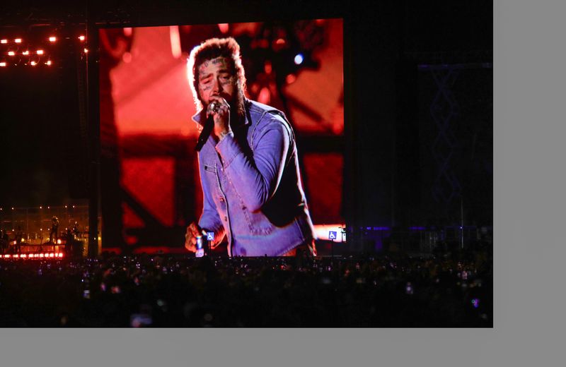 Post Malone performs on the Mane Stage during the Stagecoach Festival on Sunday, April 26, 2026 in Indio, California