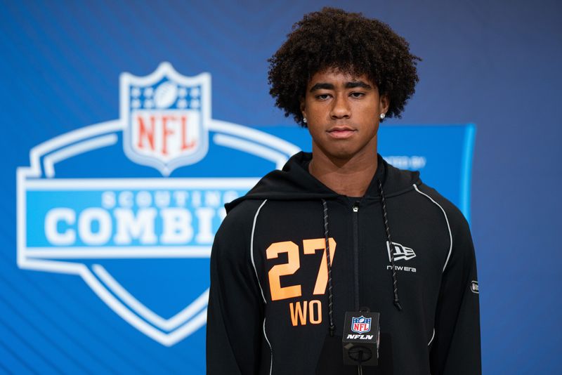 Feb 27, 2026; Indianapolis, IN, USA; Southern California wideout Ja'Kobi Lane (WO27) speaks to members of the media during the NFL Combine at the Indiana Convention Center. Mandatory Credit: Jacob Musselman-Imagn Images