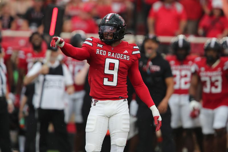Sep 13, 2025; Lubbock, Texas, USA; Texas Tech Red Raiders defensive back Romello Height (9) signals in the first half against the Oregon State Beavers at Jones AT&T Stadium. Mandatory Credit: Michael C. Johnson-Imagn Images